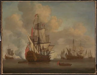 Calma: un barco inglés de dos pisos con las velas desplegadas disparando una salva.