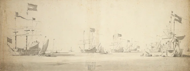 Buques insignia holandeses anclados con barcos al costado, c.1664 (grafito, aguada gris)