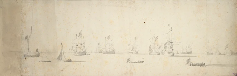Barcos holandeses anclados frente a tierra, c.1664 (grafito, aguada gris)