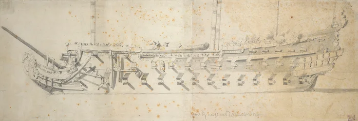 Retrato del "Royal Thérèse" (), buque de 70 a 80 cañones construido como "Paris" en 1670, rebautizado en 1671 y condenado en 1690.