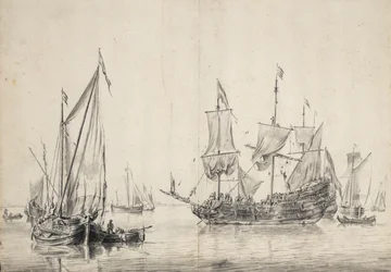 Veleros y una fragata holandesa secando sus velas. Dibujo y aguada (26x37 cm), por William van de Velde l