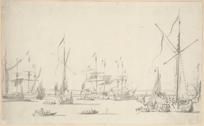 Los yates y barcos anclados cerca de Sheerness, c.1677 (grafito, aguada gris)