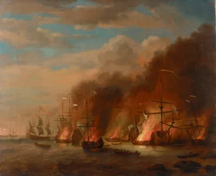 La quema del "Soleil Royal" en la batalla de La Hogue, 23 de mayo de 1692, finales del siglo XVII (óleo sobre lienzo)