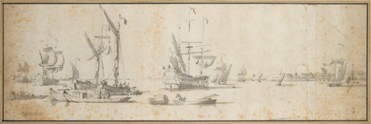 Dos doggers y un barco anclado en un puerto, c.1681 (grafito, aguada gris)
