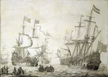 Dos barcos mercantes de la Compañía Holandesa de las Indias Orientales abandonan la costa con viento en calma. Grisalla sobre madera