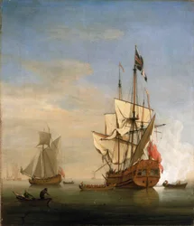 Un sixth-rate (sexto tipo), un pequeño buque de guerra británico, disparando el cañón en señal de saludo. Óleo sobre lienzo