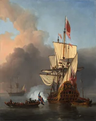 Un buque de guerra inglés lanza una salva
