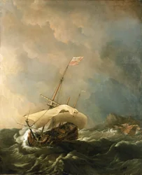Barco británico con viento tempestuoso, intentando escapar de la costa rocosa. Óleo sobre lienzo