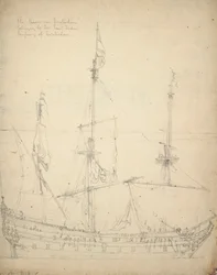Retrato del "Beurs van Amsterdam". Construido en 1654 como Indiaman. 52 cañones. Entró al servicio de los Estados en 1665. Devuelto a la Compañía 1666, c.1665 (offset)
