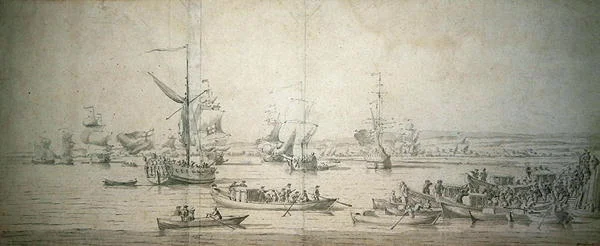 La llegada de James, duque de York, en el yate real en Chatham, para lanzar el buque de guerra de primera clase 