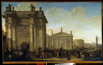 Una procesión triunfal. Pintura de Willem van de Velde el Joven (1633-1707). Óleo sobre lienzo, arte holandés, estilo barroco. Museo Estatal al Aire Libre Palace Gatchina, San Petersburgo.