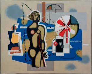 Figura femenina sobre fondo azul