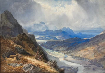 Vista desde Moel Cynwich: Mirando sobre el valle de Afon Mawddach y hacia Cader Idris, c. 1850 (acuarela tachada, realzada con blanco)