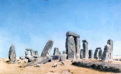 Ovejas pastando en Stonehenge (acuarela)