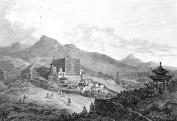 Vista de Poo-ta-la o Gran Templo cerca de Zhe-hol en Tartaria, grabado por Benjamin Thomas Pouncy, publicado por G. Nicol