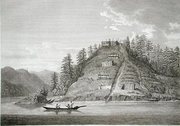 Pueblo de los indios amistosos en la entrada del canal de Bute, grabado por J. Landseer, c.1790-99