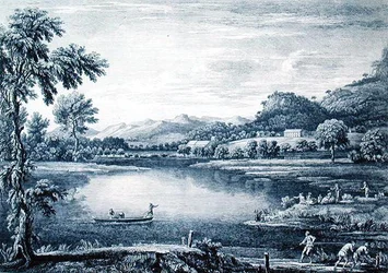 Vista de Winander Meer cerca de Ambleside, grabado por Chatelin y Muller
