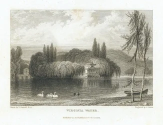 Virginia Water, Lago Surrey (Inglaterra), cerca de Windsor, vista del pabellón chino rodeado de árboles en una isla en el centro del lago. Grabado de J. Lewis según William Daniell (1769-1837).