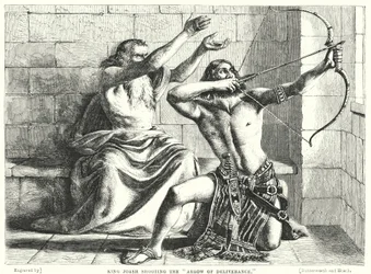 El Rey Joás disparando la Flecha de la Liberación (grabado)