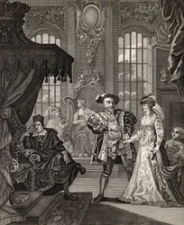 Enrique VIII y Ana Bolena, grabado por T. Cooke, de "The Works of Hogarth", publicado en 1833 (litografía)