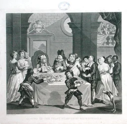 Sancho en el banquete hambriento por su médico, grabado por Thomas Cook (1744-1818)