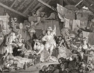 Jugadores ambulantes ensayando en un granero, grabado por G Presbury, de The Works of Hogarth publicado en Londres 1833