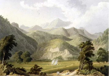 Aproximación al Bore Ghaut, de una pintura de Lt. Col. Johnson, grabado por T. Fielding y coloreado por J.B. Hogarth