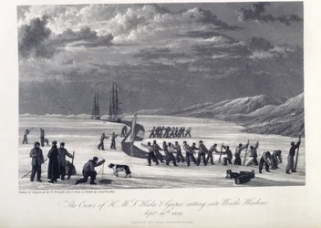 La tripulación del H.M.S. Hecla y Griper cortando en puerto de invierno, 26 de septiembre de 1819, ilustración de 