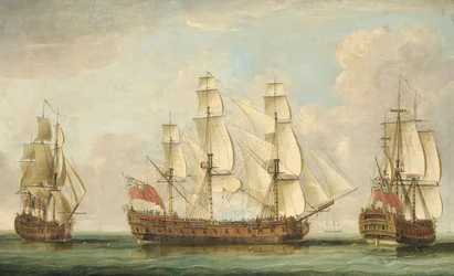 El barco Bessborough de la Honorable Compañía [de las Indias Orientales] en tres posiciones en el Canal de la Mancha con sus cubiertas abarrotadas de gente (óleo sobre lienzo)