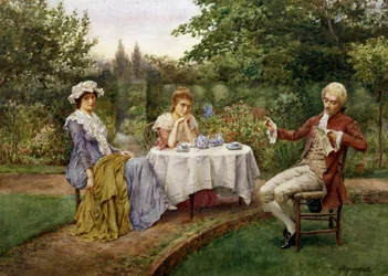 Leer en el jardín. Lectura en un jardín. Un hombre lee un poema a dos mujeres sentadas en torno a un té. Pintura de William A. Breakspeare (1855 6-1914 británico) Colección particular
