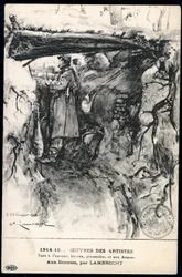 Primera Guerra Mundial - Guerra 14-18 (1914-1918) - Primera Guerra Mundial (WWI o WW1): Francia, Mapa Patriótico mostrando un dibujo de un soldado en una trinchera observando la línea del frente, titulado: 