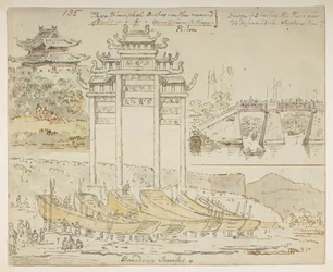 135 Juncos en construcción cerca de un arco de triunfo. “Estos arcos triunfales son la recompensa del Mérito o de las Acciones Meritorias. Puente de 3 arcos. Los muelles son demasiado piramidales. Suchew [Suchow]. Nov 7.