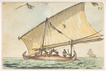 33 Barco en Cochinchina,  de un álbum de 372 dibujos de paisajes, costas, disfraces y la vida cotidiana realizados durante la embajada de Lord Macartney ante el emperador de China, entre 1792 y 1794 (lápiz y acuarela sobre papel)