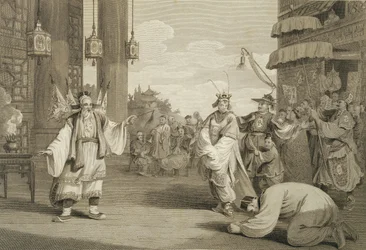 Una escena en una obra histórica exhibida en el escenario chino, grabado por James Heath, pub. por G. Nicol, 1796