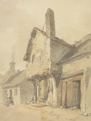 Una calle de pueblo, figuras de casas antiguas
