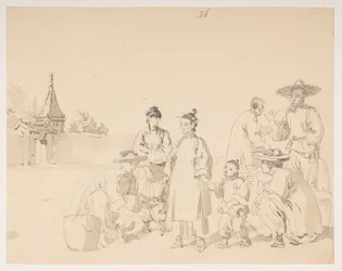 Un grupo, de un álbum de 372 dibujos de paisajes, costas, disfraces y la vida cotidiana realizados durante la embajada de Lord Macartney ante el emperador de China.