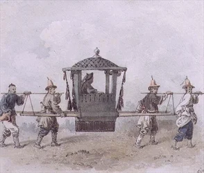 Sirvientes chinos llevando un palanquín