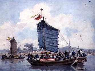 Escena fluvial china con juncos a vela