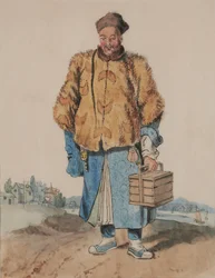 Hombre con traje chino (sosteniendo una caja en la mano izquierda)