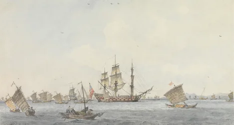 El Hindostan anclado en el estrecho de Mi-a-tau de la ciudad de Ten-choo-fou a la entrada del golfo de Pekín.
