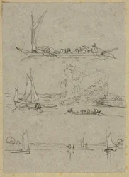 Tres bocetos de barcos en el río Düsseldorf