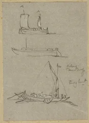 Tres bocetos de barcos en el río Düsseldorf