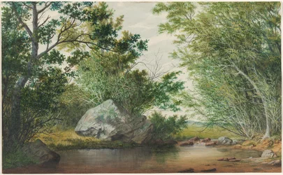 Paisaje con arroyo boscoso y roca, c. 1880s