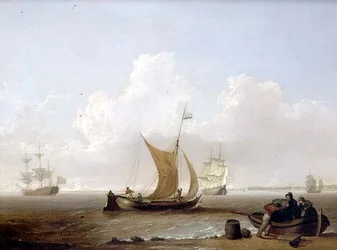 Un kaag holandés y otros barcos holandeses frente a la costa de Holanda