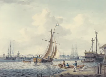Una vista de Greenwich y Deptford mostrando el Colegio Naval Real y el Astillero Real, 1789