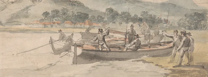 Barcos y hombres en tierra