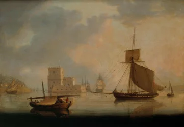 Cúter naval junto a la Torre de Belém en la desembocadura del Tajo