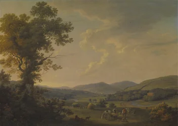 Paisaje con henificadores y vista lejana de una casa georgiana