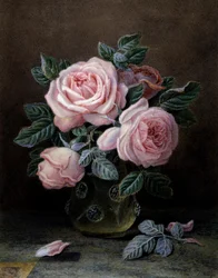 Rosas rosas en un jarrón de cristal. Pintura de William Hough (fl.1850-1900) Colección particular.