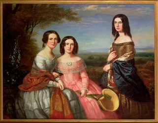 Un retrato de grupo de tres niñas, tres cuartos de longitud, en un paisaje, 1849